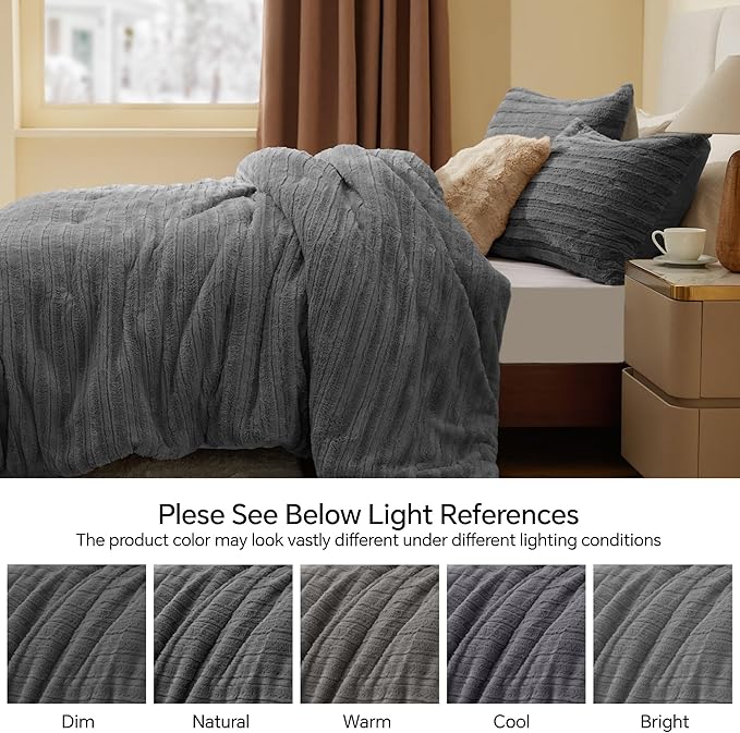 BEDELITE Fleece Queen Comforter Set -Super Soft & Warm Fluffy Grey Faux Fur Bedding, Luxury Fuzzy Heavy Bed Set for Winter with 2 Pillow Cases