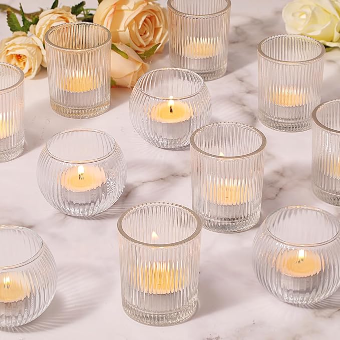 Clear Votive Candle Holders Set of 10-Round Glass Candle Holders Bulk for Wedding Table Centerpiece,Tea Lights Candle Holder Glass for Bridal Shower,Home & Dinner Party Decor