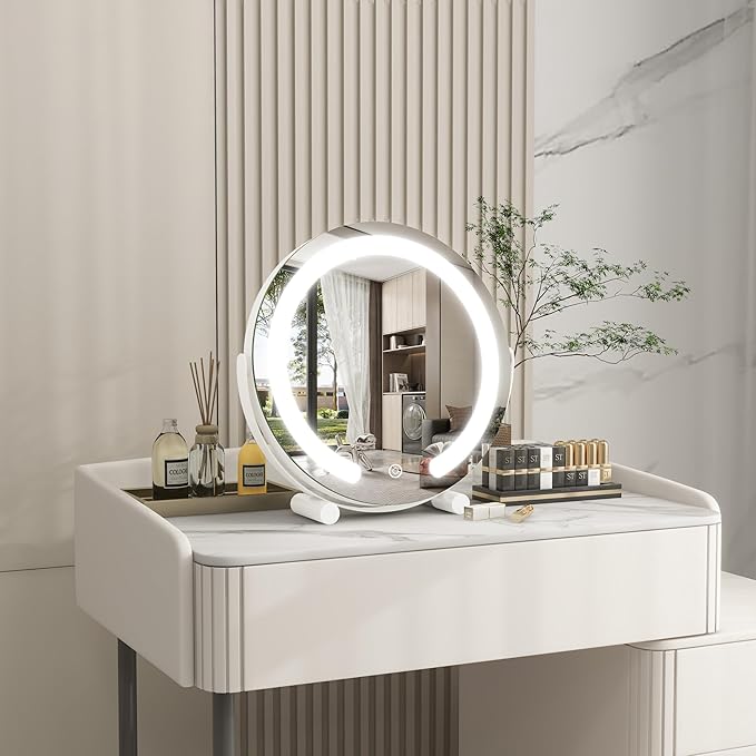 Vanity Mirror with Lights, 12 Inch Light Up Makeup Mirror, LED Makeup Mirror with Lights for Bedroom Tabletop, Smart Touch Control 3 Colors Dimmable, 360° Rotation, White