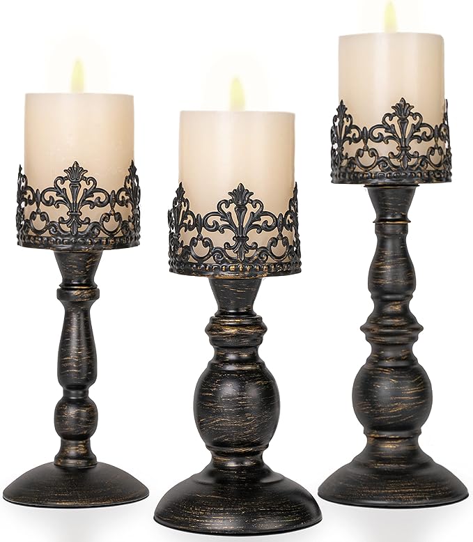 Distressed Black Candle Holders for Pillar Candles Set of 3, Vintage Crown Candle Stands for Table Centerpiece Decor, Tall Antique Metal Candle Holder Set for Fireplace Decoration, Ideal Gift