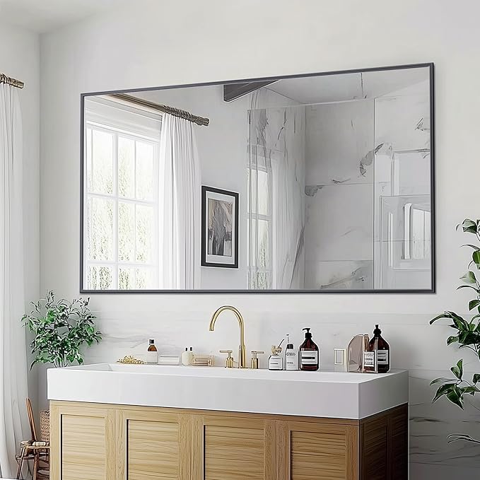 Antok Bathroom Mirror,55"x30" Wall Mirror, Decorative Mirrors Vanity Mirror Aluminum Alloy Frame Contemporary Hanging Mirror for Living Room Bathroom Entryway,Black,Rect Corner