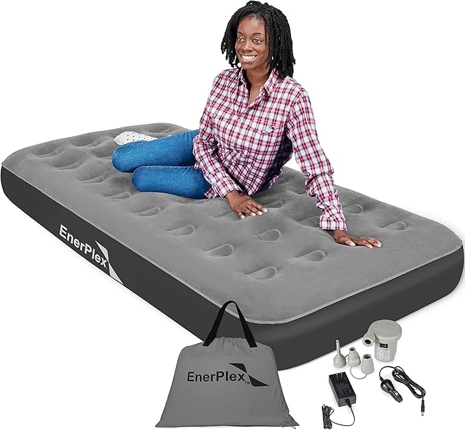 EnerPlex Camping Air Mattress with Built in Pump - Twin Blow Up Mattress for Travel & Guests - Portable Bed for Adults and Kids - Grey