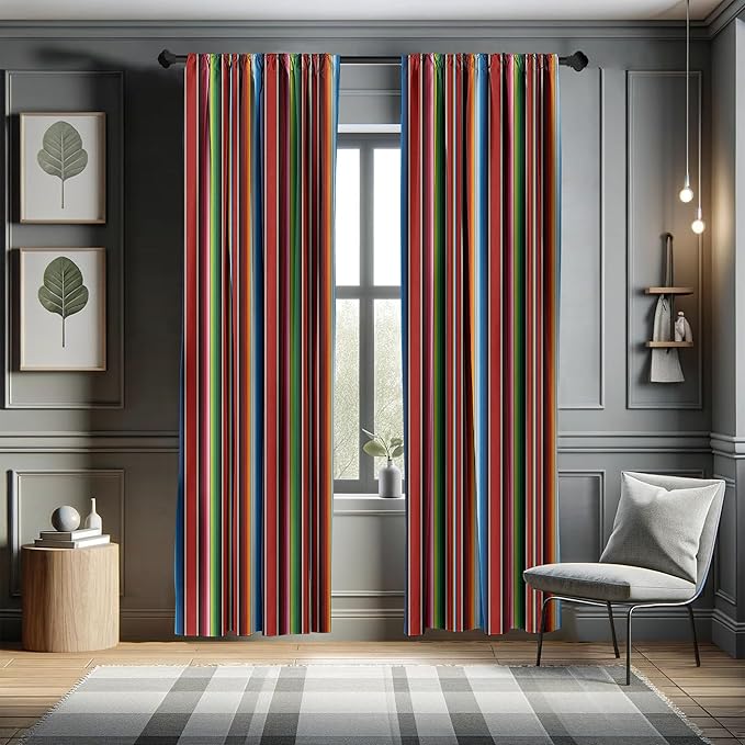 Ambesonne Cinco de Mayo Curtains, Mexican Serape Colorful Stripes Vertical Lines Latino Illustration, Window Treatments 2 Panel Set for Living Room Bedroom Decor, Pair of - 28" x 95", Burgundy Blue