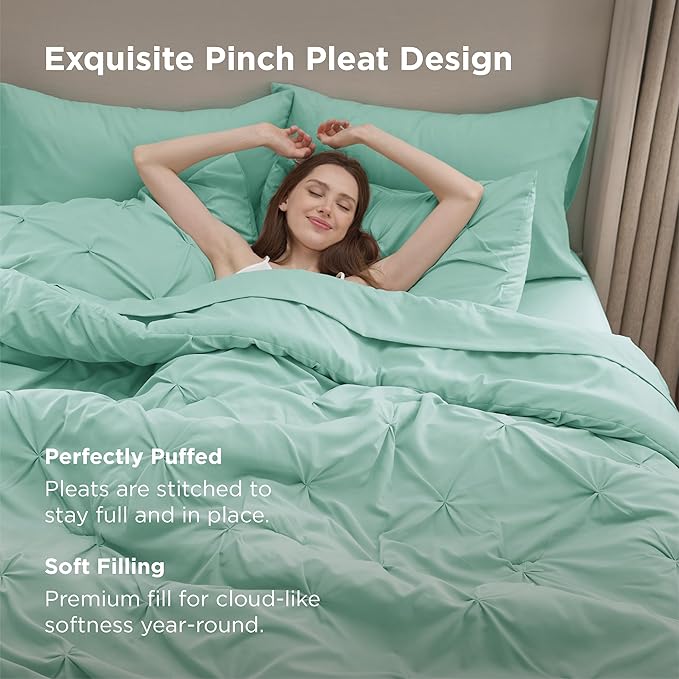 Bedsure Twin Comforter Set Mint Green - Bed in a Bag Twin Size Bedding 5 Pieces, GentleSoft™ Pintuck Bed Set Gift for Family, Pinch Pleat Mint Green Comforter with Sheets, Pillowcase & Sham
