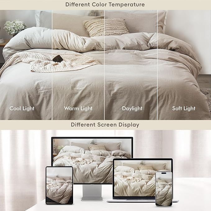 MooMee Bedding Duvet Cover Set 100% Washed Cotton Linen Like Textured Breathable Durable Soft Comfy (Heathered Tannish Linen Grey, Super Queen 90"x98")