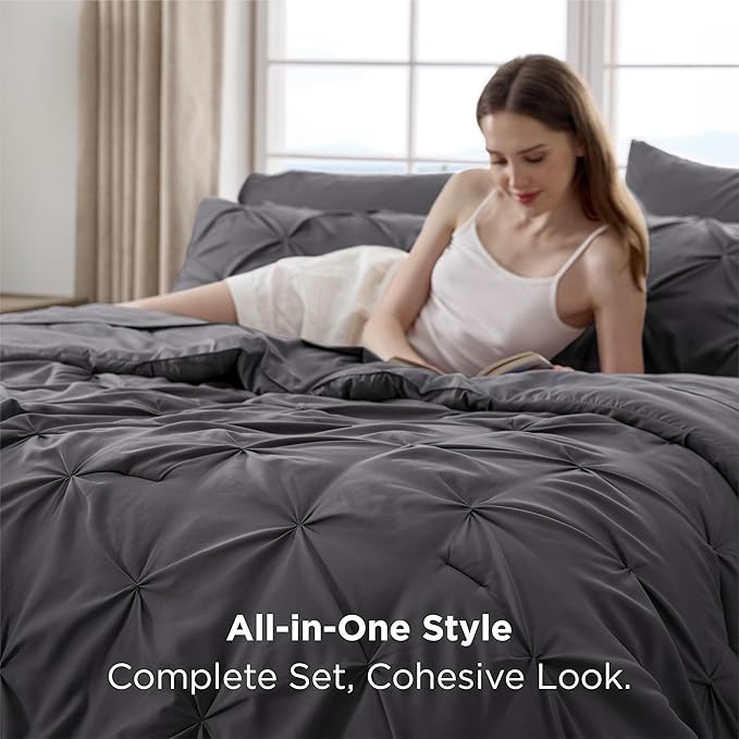 Bedsure King Size Comforter Set Dark Grey - Bed in a Bag Bedding Set 7 Pieces, GentleSoft™ Pintuck Bed Set Gift for Family, Pinch Pleat Dark Grey Comforter with Sheets, Pillowcases & Shams