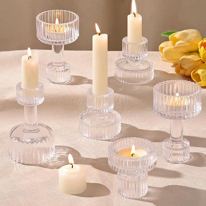 Candlestick Holders Bulk, 6 Pcs Clear Combination Candle Holders Set, Crystal Candle Holders for Wedding, Table Centerpiece, Home Decoration