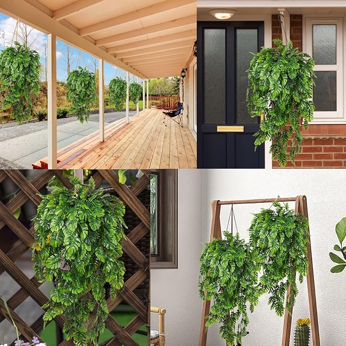 RECUTMS Artificial Hanging Plants 4Pcs, Fake Monstera Leaves Ivy Vine Faux Greenery UV Resistant Tropical Palm Leaf Swag Plant for Garden Home Jungle Hawaiian Luau Party Outdoor Indoor Spring Décor