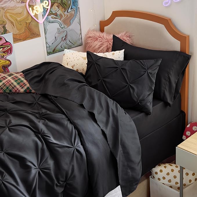 Bedsure Twin Comforter Set Black - Bed in a Bag Twin Size Bedding 5 Pieces, GentleSoft™ Pintuck Bed Set Gift for Family, Pinch Pleat Black Comforter with Sheets, Pillowcase & Sham