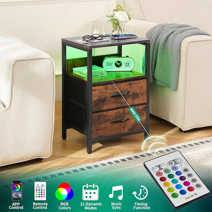Yoobure Nightstand with Charging Station, LED Night Stand with Fabric Drawers and Storage Shelf for Bedroom, Nightstands Bedside Tables with USB Ports & Outlets, Small Night Stands, Bed Side Table