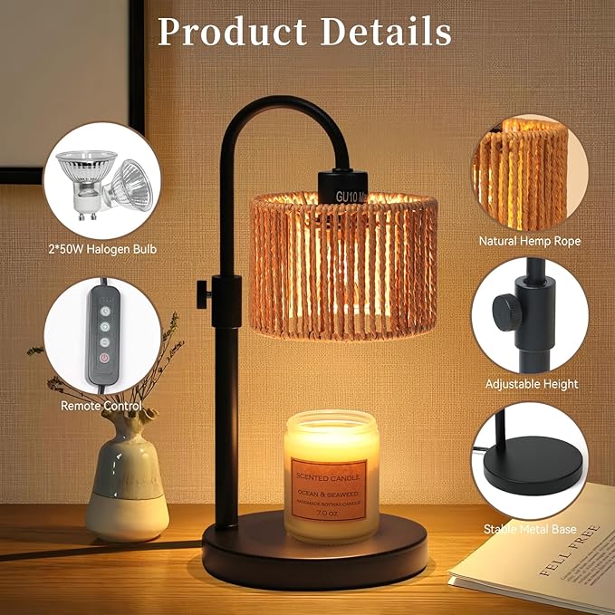 Boho Candle Warmer Lamp, Adjustable Height Candle Wax Warmer with Timer, Candle Lamp for Jar Candles, House Warming Gifts Brithday Gifts for Women Bedroom Home Decor (Rattan)