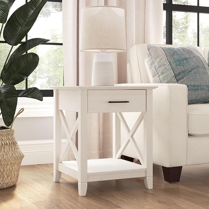 Bush Home End Table with Drawer, Nightstand with Storage, Living Room and Bedroom Furniture, Key West Collection, Linen White Oak