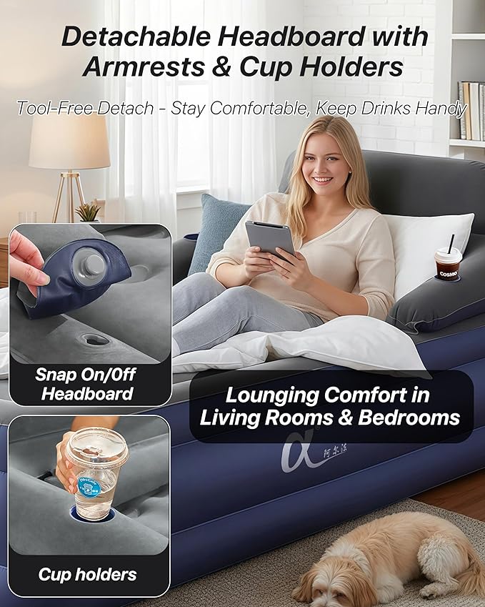 A-ER-FA Twin XL Air Mattress with Headboard and Built in Rechargeable Air Pump & Cup Holder – Premium Comfort Blow Up Mattress & Inflatable Mattress, Colchon Inflable Air Bed for Guests & Home Use