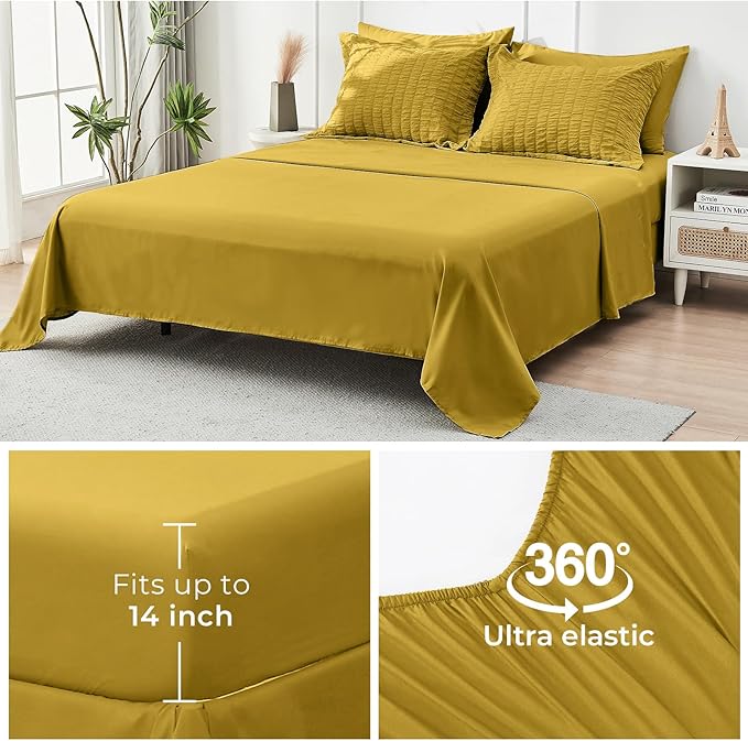 HYMOKEGE Mustard Yellow Full Size Comforter Sets Seersucker 7 Pieces, All Season Luxury Bed in a Bag for Bedroom, Bedding Set with Comforter, Sheets, Pillowcases & Shams