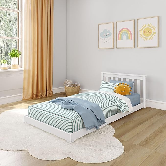 Max & Lily Classic Twin Floor Bed, 79.75 Inches, Solid Wood Low Bed Frame for Kids, Modern Floor Bed for Bedroom, White