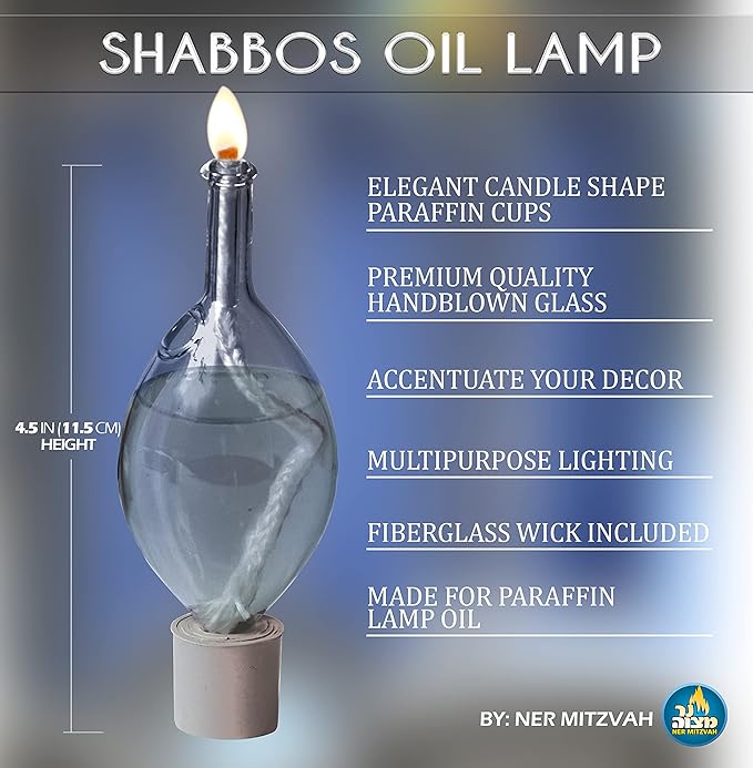 Glass Paraffin Shabbat Candle Holder Cup and Wick – Tear Drop Shape, 2 Pack – Pretty and Elegant Design – Fits Standard Candlesticks - for Paraffin Lamp Oil - No Mess Refill - Ner Mitzvah