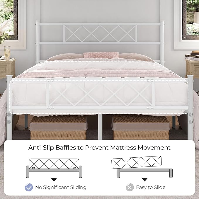 Yaheetech Full Size Metal Platform Bed Frame with Simple Headboard and Footboard, Mattress Foundation for Under Bed Storage, Steel Slat Support, No Box Spring Needed, Easy Assembly, White