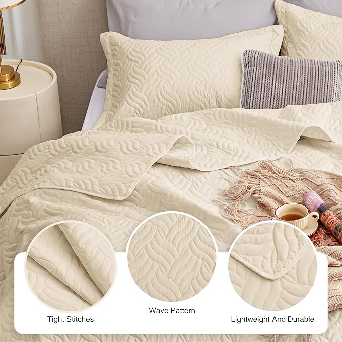 Love's cabin California King Size Quilt Bedding Set Camel Bedspread - Cal King Summer Lightweight Bedspread Comforter - Wave Pattern Coverlet for All Season - 3 Pieces (1 Quilt, 2 Pillow Shams)
