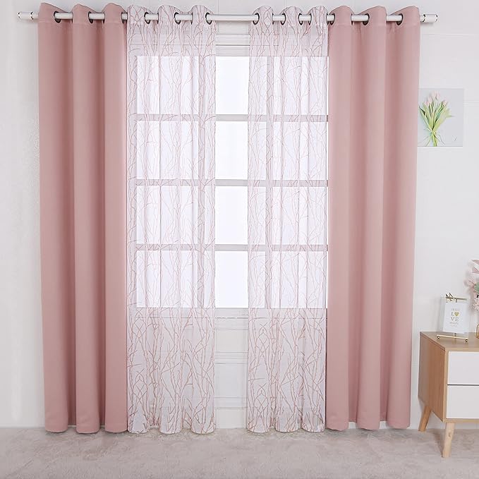 BONZER Mix and Match Curtains - 2 Pieces Branch Print Sheer Curtains and 2 Pieces Blackout Curtains for Bedroom Living Room Grommet Window Drapes, 37x63 Inch/Panel, Blush, Set of 4 Panels