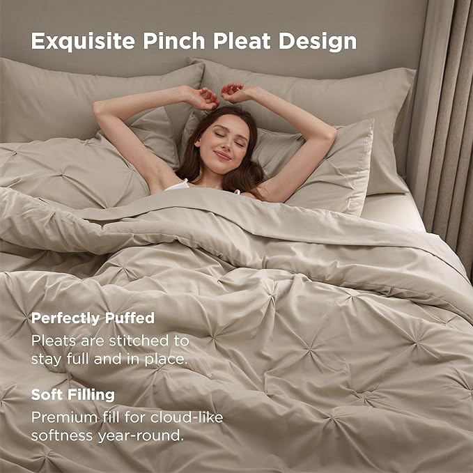 Bedsure Full Comforter Set Beige - Bed in a Bag Full Size Bedding Set 7 Pieces, GentleSoft™ Pintuck Bed Set Gift for Family, Pinch Pleat Beige Comforter with Sheets, Pillowcases & Shams