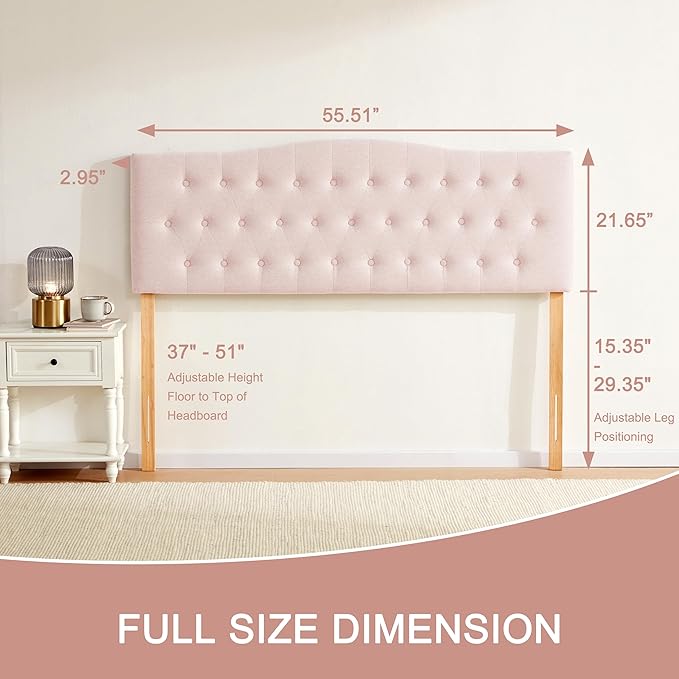 Tufted Upholstered Headboard Full Size, Sturdy and Durable Solid Wood Bed headboard, Fabric Headboard Adjustable Height from 37” to 51”, Modern Button Diamond Design Head Board, Pink