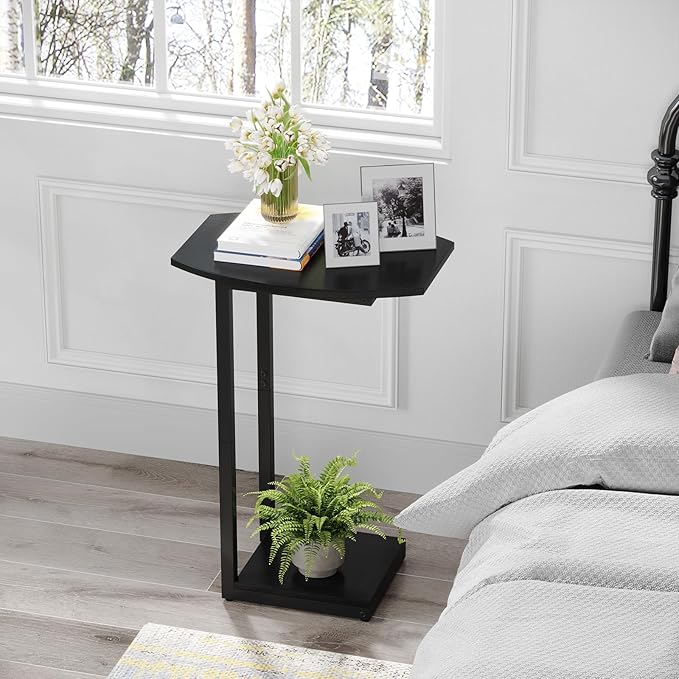 Hosfais Small Side Table End Table, C Shaped Barrel Coffee Table with Metal Frame, Wooden TV Tray for Living Room, Bedroom, Couch, Small Spaces (Black)