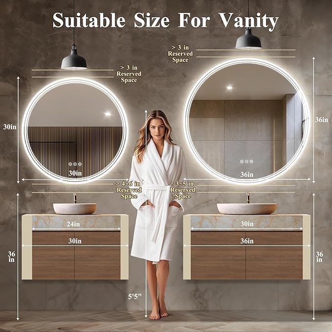 36''x36'' Lighted Mirrors for Bathroom Wall Backlit + Front Lit, Round LED Bathroom Mirror Frameless with Lights Anti Fog, Dimmable, 3 Colors,Tempered Glass, Shatter-Proof