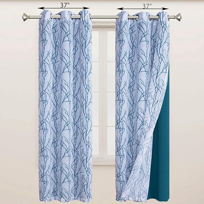 BONZER Mix and Match Curtains - 2 Pieces Branch Print Sheer Curtains and 2 Pieces Blackout Curtains for Bedroom Living Room Grommet Window Drapes, 37x84 Inch/Panel, Teal, Set of 4 Panels