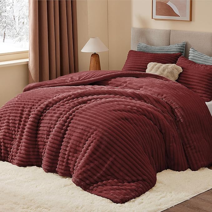 BEDELITE Fleece Full Comforter Set -Super Soft & Warm Fluffy Burgundy Bedding, Luxury Fuzzy Heavy Bed Set for Winter with 2 Pillow Cases