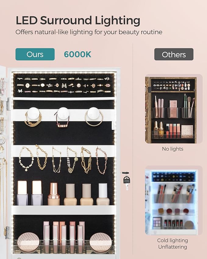 SONGMICS Mirror Jewelry Cabinet Armoire with Built-in LED Lights, Wall or Door Mounted Jewelry Storage Organizer, 3.8 x 14.6 x 26.4 Inches Hanging Mirror Cabinet, Gift Idea, White UJJC050W01