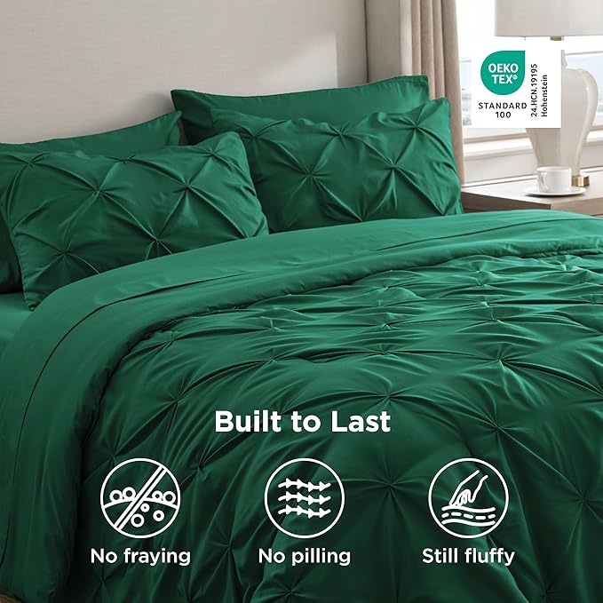 Bedsure King Size Comforter Set Dark Green - Bed in a Bag Bedding Set 7 Pieces, GentleSoft™ Pintuck Bed Set Gift for Family, Pinch Pleat Dark Green Comforter with Sheets, Pillowcases & Shams