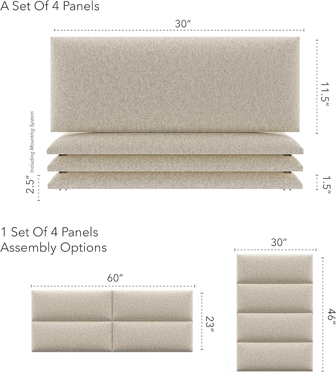 Vänt Upholstered Wall Panels - Queen/Full Size Wall Mounted Headboards - Faux Merino Wool Cream - Set of 4 Panels (Each Individual Panel 30"x11.5")