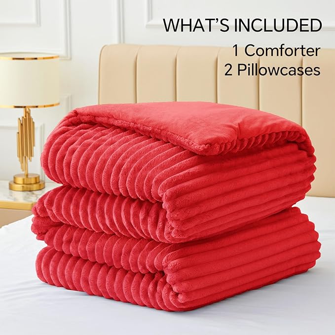 BEDELITE Fleece Queen Comforter Set -Super Soft & Warm Fluffy Red Bedding, Luxury Fuzzy Heavy Bed Set for Winter with 2 Pillow Cases