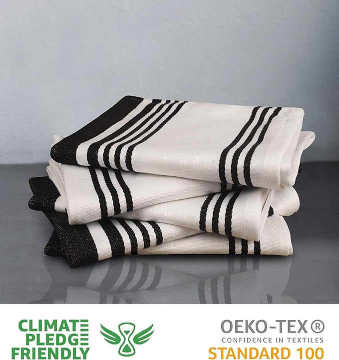 Urban Villa Kitchen Towels 100% Cotton Pack of 6, Highly Absorbent Quick Drying Super Soft Premium Dish Towels for Kitchen with Hanging Loop Hand & Tea Towels - 20x30 Inch, (Black & White, Striped)