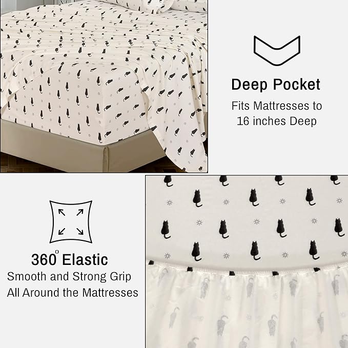 RUVANTI Flannel Sheets Split King Size - 100% Cotton Brushed Split King Bed Sheets Set, Deep Pockets 16 Inches, All Seasons Breathable & Extra Soft, Warm & Cozy, 5 Piece, Black Cat