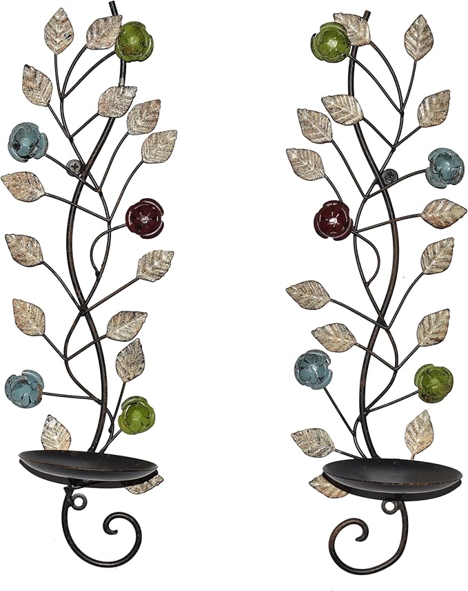 Wall Sconces Candle Holder Set of 2, Antique Leaf Branch Wall Mount Hanging Metal Candle Holder Candle Sconce for Living Room Dining Room