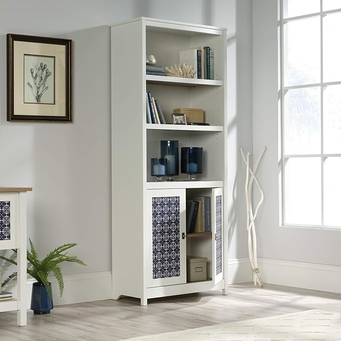 Sauder Cottage Road Book Shelf, Bookshelf with Storage, Library Bookcase with Doors and Adjustable Shelves, in Soft White Finish