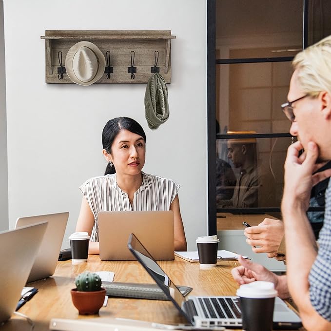 HBCY Creations Rustic Wall Mounted Coat Rack with Shelf - Solid Wood 24" Entryway Shelf with 5 Coat Hangers. Perfect Touch for Your Entryway, Mudroom, Kitchen, Bathroom and More, Weathered Brown