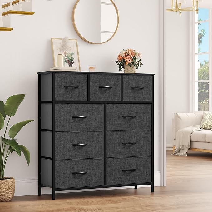 YITAHOME 9 Drawers Fabric Dresser - Storage Tower Organizer Unit for Living Room, Closets - Sturdy Steel Frame, Wooden Top & Easy Pull Fabric Bins