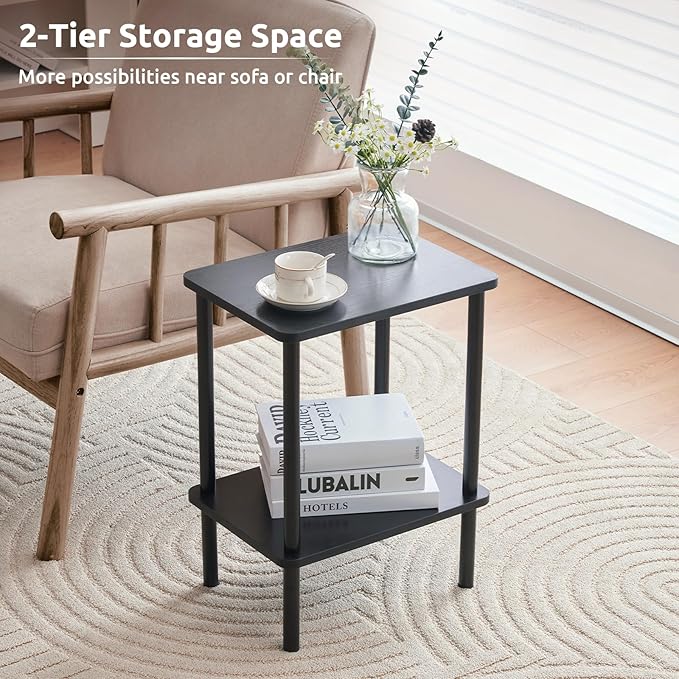 Apicizon 2 Tier End Table, Small Side Table with Solid Wood Legs, Boho Bedside Table with Storage Shelf, Nightstand for Small Spaces, Bedroom, Living Room, Entryway, Farmhouse, Easy Assembly, Black