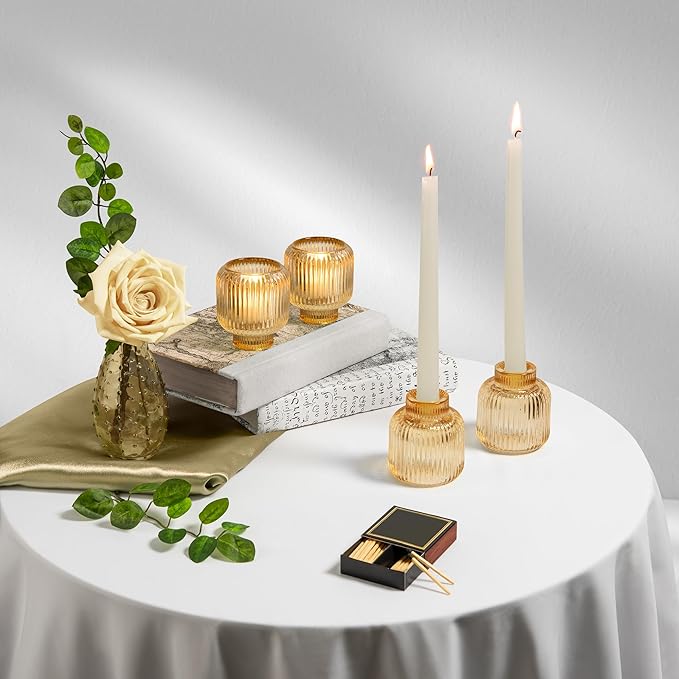 Set of 4 Gold Glass Candlesticks – Candle Sticks Holder Decor for Home or Events – Elegant Taper Candle Holders