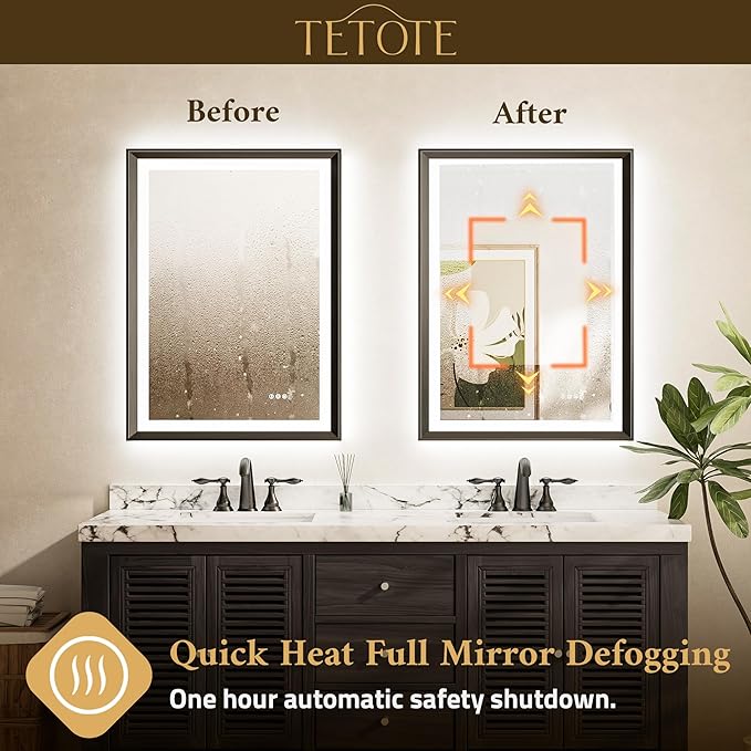 TETOTE LED Bathroom Mirror with Lights Black Metal Framed 30x36 Frontlit & Backlit Vanity Mirror Baroque Gothic Antifog Stepless Dimmable White/Warm/Natural,Wall Mounted(Horizontal/Vertical)