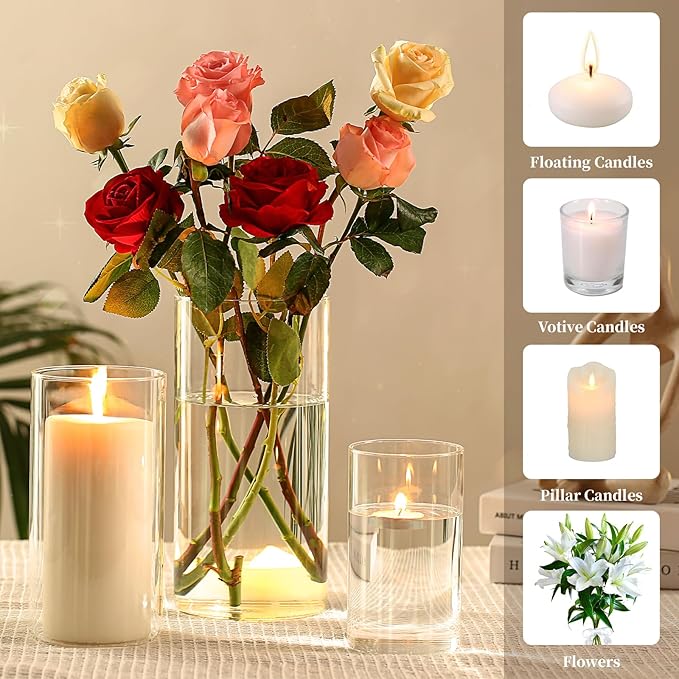 PHOSPHOR Hurricane Candle HoldersFor Pillar Candle Clear Glass Cylinder Centerpieces Vases Table Decoration Centerpiece Floral Room Decor Clear Seeded Bubbles Living Dining Kitchen 3 Pieces