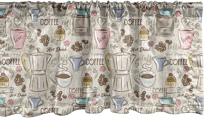 Ambesonne Modern Window Valance Pack of 2, Coffee Time Vintage Espresso Machine Cupcakes Beans Design, Rod Pocket Curtain Valances for Kitchen Bedroom, 42" X 18", Pale Pink Beige