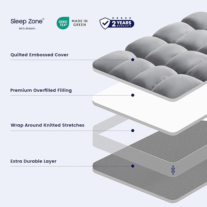 SLEEP ZONE Mattress Topper King Size, Extra Thick Fitted Mattress Pad for Back Pain, Plush and Support Mattress Cover, Deep Pockets Mattress Protector, Hotel Quality (Grey, King)