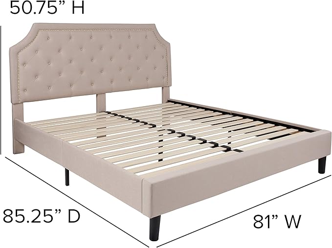 Flash Furniture Brighton Fabric Arched Tufted Upholstered King Size Platform Bed, Modern Low-Profile King Bed Frame with Headboard, Beige