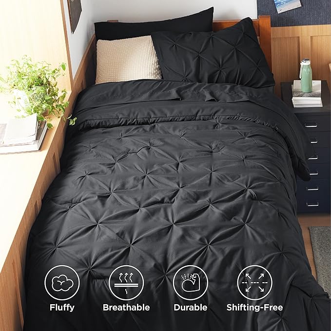 Bedsure Twin XL Comforter Set - Extra Long 5 Pieces Dorm Bedding Sets, GentleSoft™ Pinch Pleat Black Bed in a Bag with Pintuck Comforters, Sheets, Pillowcase & Sham