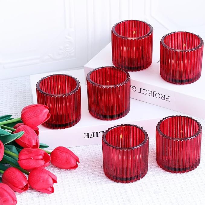 VOHO Red Votive Candle Holders for Christmas Valentines Day Decoration, Vintage Ribbed Tea Lights Candle Holder for Wedding, 6pcs Large Tealight Candle Holder for Votives Tea Lights(2.75'' x 2.56'')