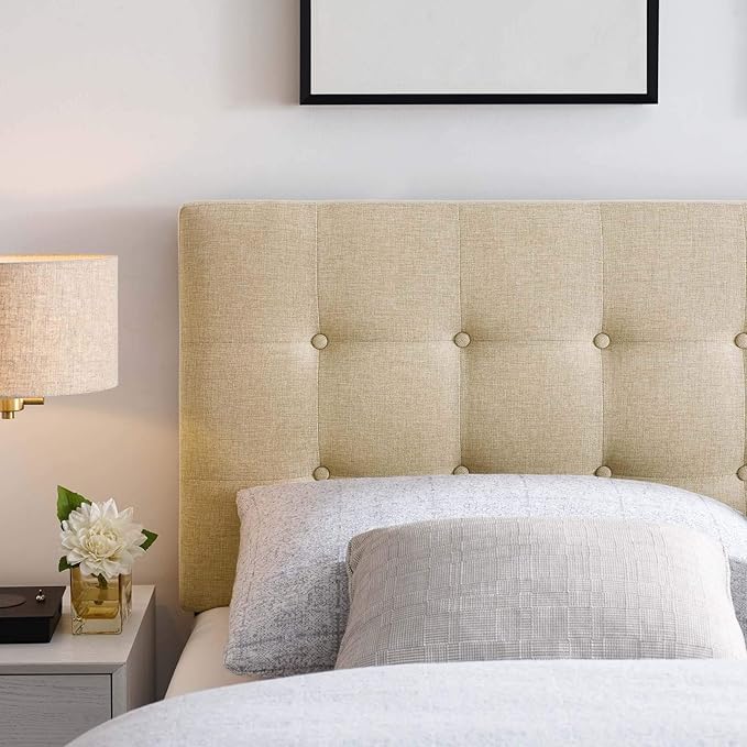 Modway Emily Tufted Button Linen Fabric Upholstered King Headboard in Beige