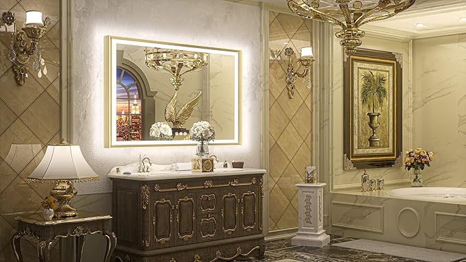 TETOTE 48x36 LED Mirror for Bathroom Gold Metal Frame Frontlit & Backlit Lighted Vanity Mirror Baroque Anti Fog Stepless Dimmable White/Warm/Natural,CRI90+,Waterproof,Wall Mounted(Horizontal/Vertical)